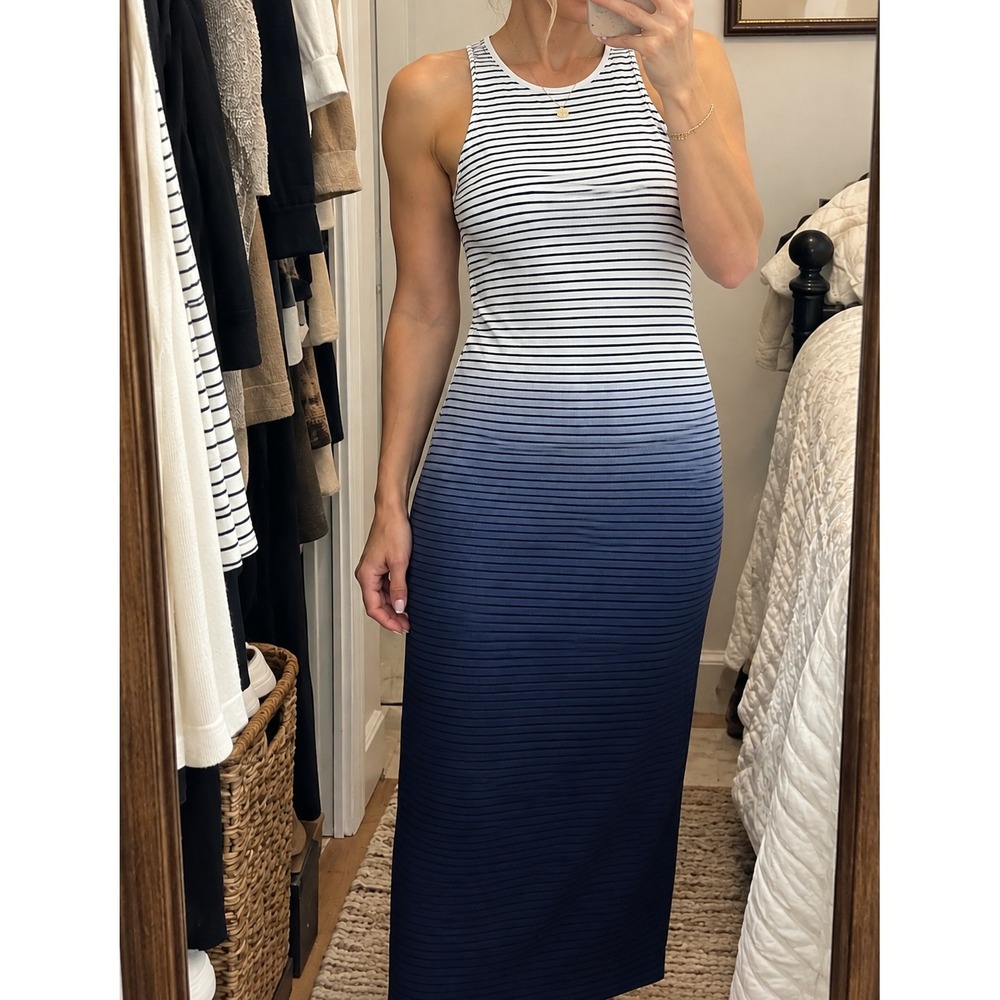 Athleta Ombre Stripe Maxi Midi Tank Dress S Blue White Racerback Resort